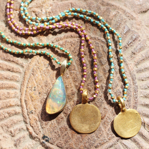 Knotted Gold Bead Necklaces with Stones & Gold Discs