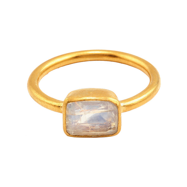 emerald cut rainbow moonstone ring